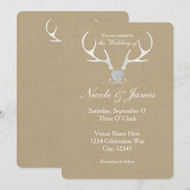 Antlers de plata blanca e invitaciones a la boda m (Anverso / Reverso)