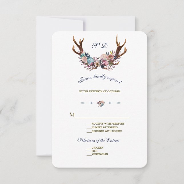 Antlers Dusty Blue Pink Floral | RSVP de boda (Anverso)
