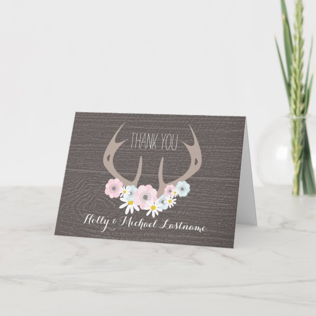 Antlers Florales + Barnwood Gracias Tarjeta (Anverso)