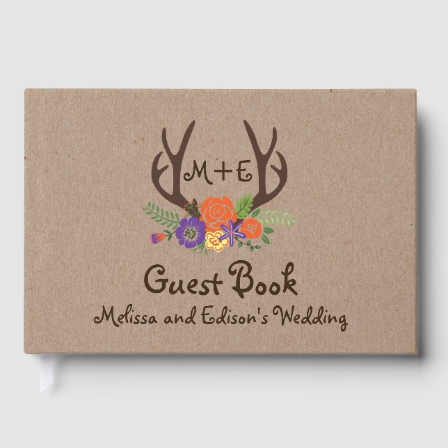Antlers libro de bodas de boho de monograma floral (Anverso)