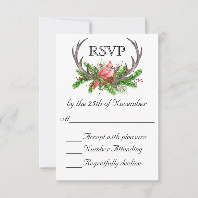 Antlers rusos Boho Woodland Winter Wedding RSVP (Anverso)
