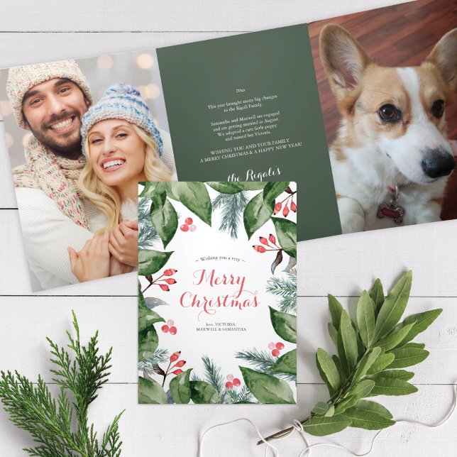 Anuario De Revisión De La Tarjeta De Navidad De Fe (Christmas Card tri-fold card photo Year In Review Botanical pet)