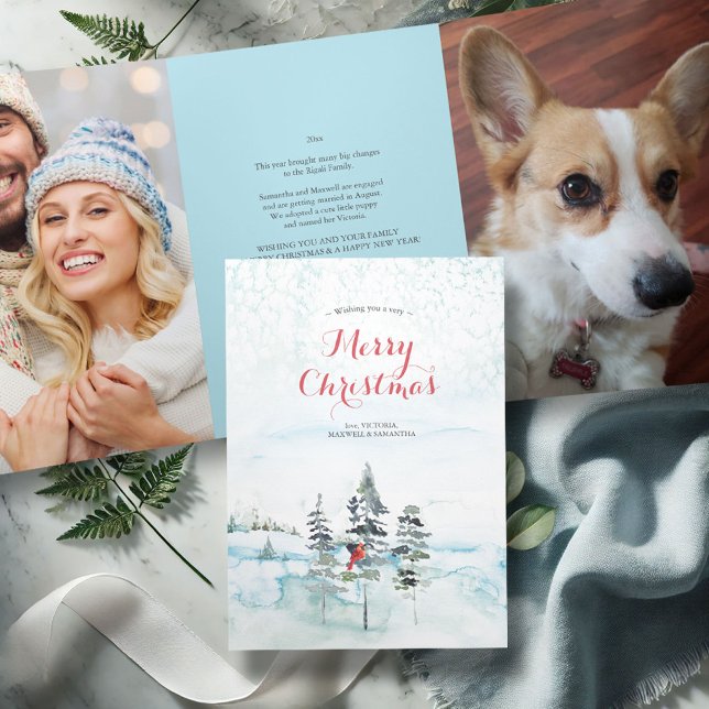 Anuario en revisión Tarjeta de Navidades de acuare (Trifold photo Christmas cards year in review watercolor Christmas trees winter Country Scene)