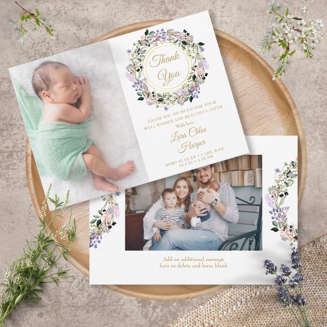 Anuncio 2 Foto Floral Bebé Oro Gracias A Nacimiento (2 Photo Floral Baby Gold Thank You Birth Announcement)
