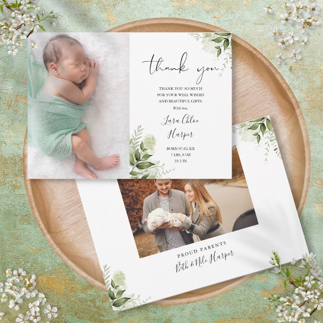 Anuncio 2 fotos Floral de verde gracias bebé nacer (2 Photos Greenery Floral Thank You Baby Birth Announcement)