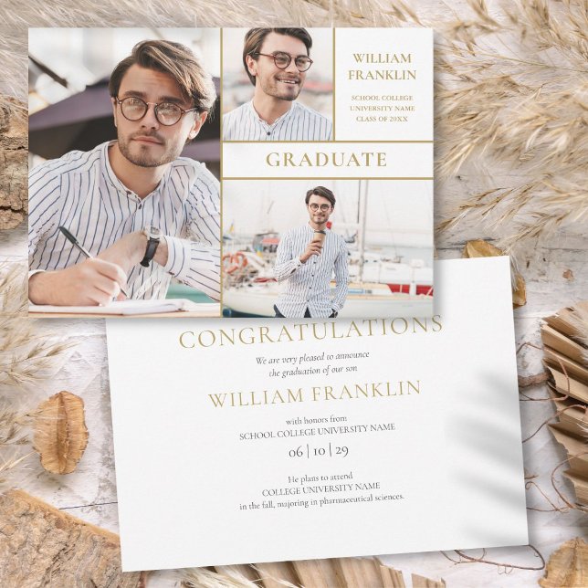 Anuncio 3 Collage de fotos Graduación de oro moderno (3 Photo Collage Modern Gold Graduation Announcement)