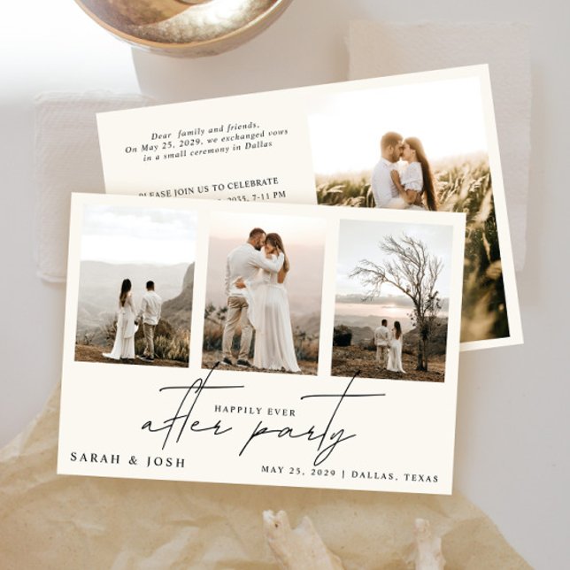 Anuncio 4 Foto Feliz Nunca Después Del Fiesta Cream Boda (Easily personalize this wedding reception invite with your details and wedding photos!)