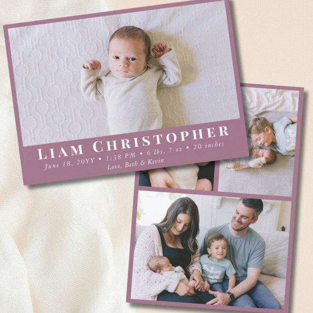 Anuncio 4 Foto Moderno Lilac Lilac Purple simple Nacimient (4 Photo Modern Minimal Lilac Purple Simple Birth Announcement
)