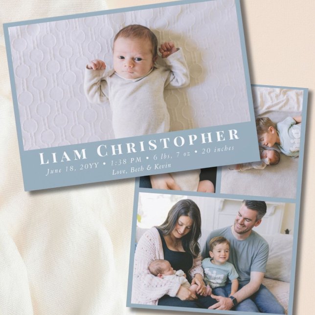 Anuncio 4 Foto Moderno Mínimo Dusty Azul Nacimiento Simple (4 Photo Modern Minimal Dusty Blue Simple Birth Announcement
)