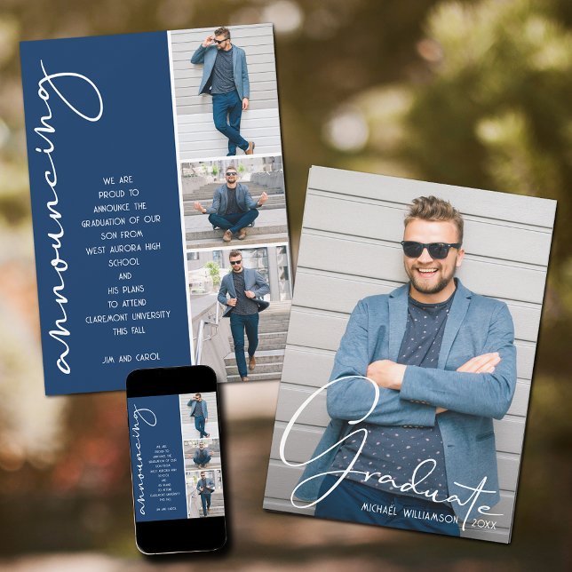Anuncio 4 Fotografía de la Marina Collage Blue (4 Photo Graduation Collage Navy Blue Announcements)