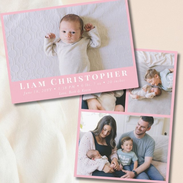 Anuncio 4 Fotografía Moderno Mínimo Rosa Nacimiento Simple (4 Photo Modern Minimal Pink Simple Baby Birth Announcement
)
