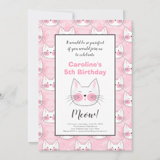 Anuncio 5.ª fiesta de cumpleaños para gatos de gatito rosa (Anverso)