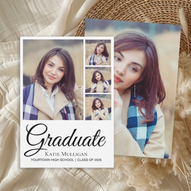 Anuncio 5 Guion editable de fondo graduación (5-photo graduation announcement for high school or college graduates.)