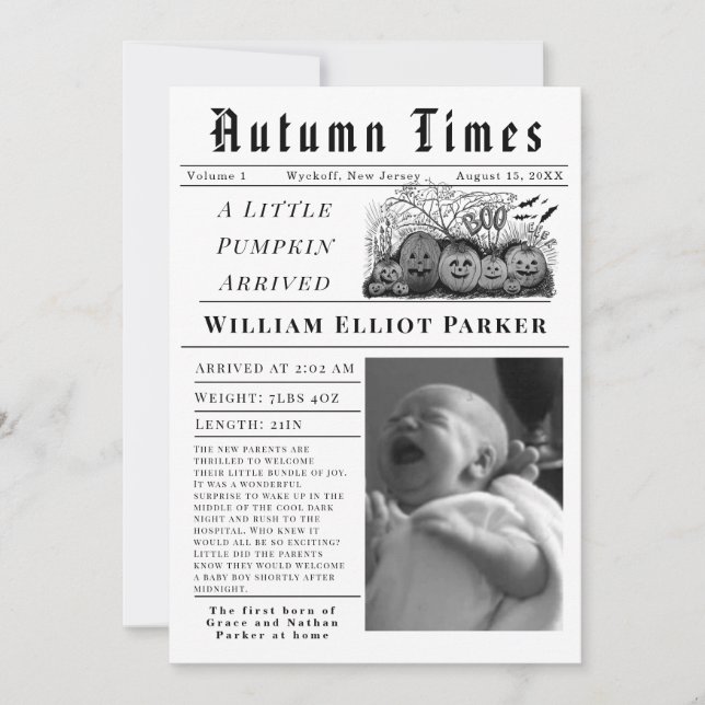 Anuncio A little pumpkin arrived Birth Announcement (Anverso)