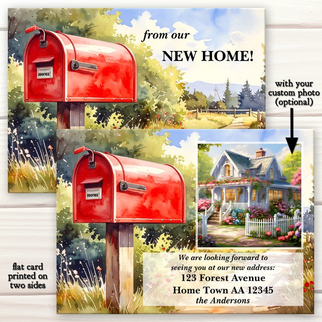 Anuncio Acuarela Buzón Rojo Nueva Casa Mudanza (New home flat announcement card featuring a watercolor painting of a red mailbox in the country)