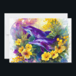 Anuncio Acuarela delfines océano flores tropicales<br><div class="desc">Dos delfines juguetones rodeados de flores amarillas radiantes y exuberante vegetación.</div>