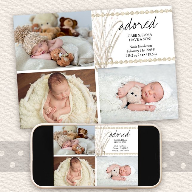 Anuncio Adorada 4 Foto Boho Pampas Nacimiento de Grass (Multi Photo Birth Announcement with signed pic on the back)
