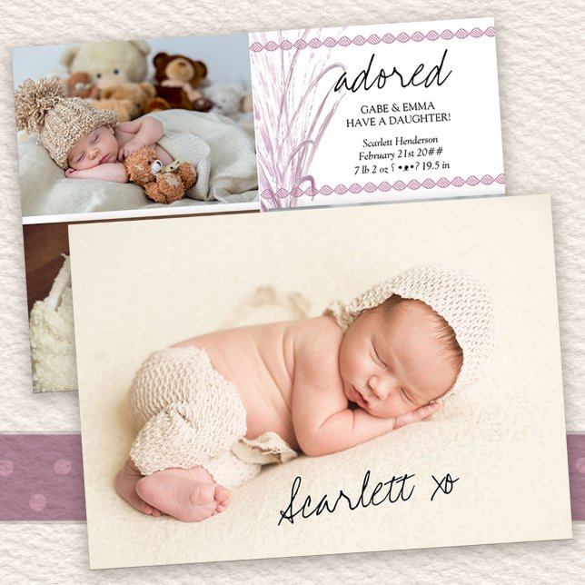 Anuncio Adorada 4 Foto Boho Pink Pampas Nacimiento de Gras (Multi Photo Birth Announcement with signed pic on the back
)