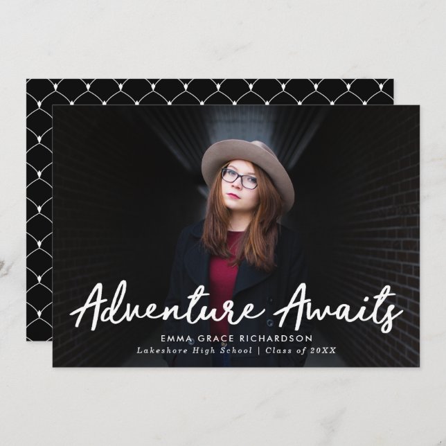 Anuncio Adventure Awaits Black Photo Graduation (Anverso / Reverso)