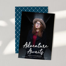 Adventure Awaits Script Dark Blue Photo Graduation