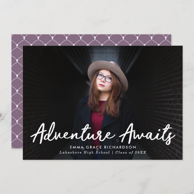 Anuncio Adventure Awaits Script Purple Photo Graduation (Anverso / Reverso)