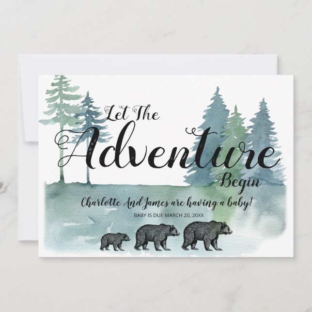 Anuncio Adventure Begins Watercolor Bears Baby Shower (Anverso)