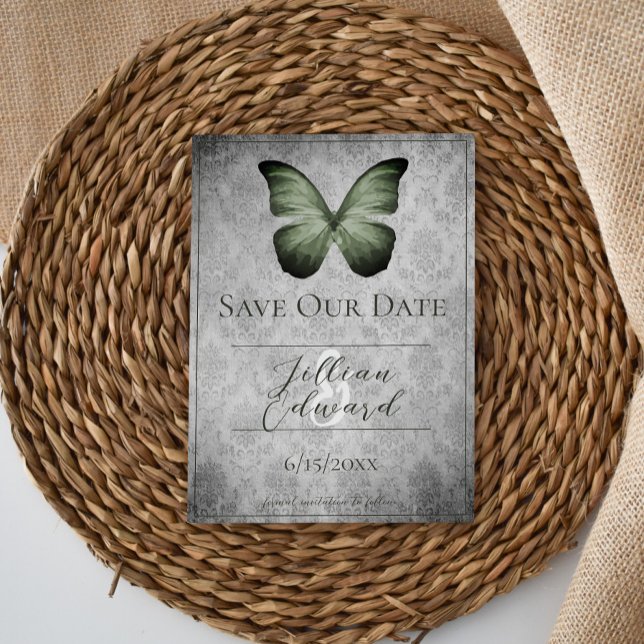 Anuncio Ahorre la fecha de mariposa vintage verde damasco (Green Vintage Butterfly Damask Save the Date)