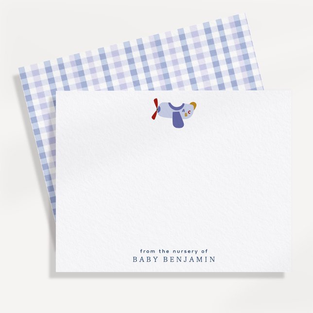Anuncio Airplane Nursery Note Card with Blue Gingham Back (Subido por el creador)