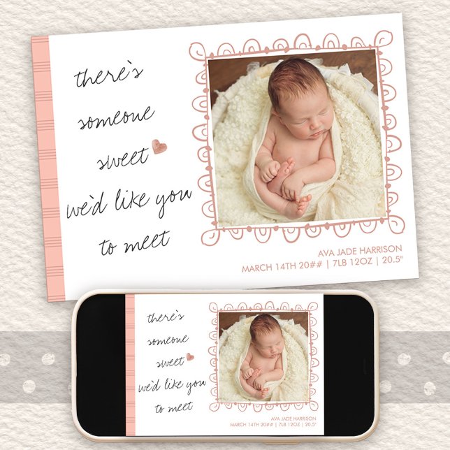Anuncio Alguien dulce para conocer a dos niñas de foto beb (Framed photo birth announcement with handwritten wording)
