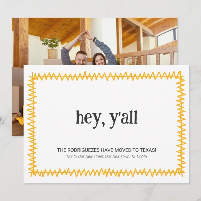 Anuncio Amarillo Hey Y'all - Trasladado a Texas (Anverso / Reverso)