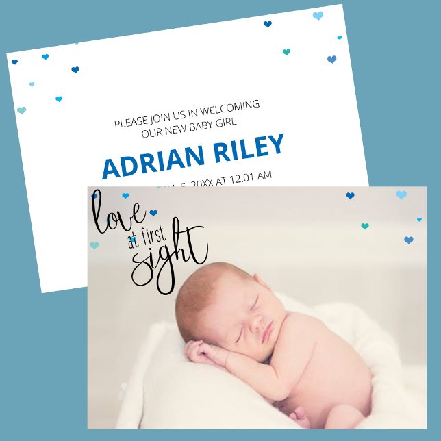 Anuncio Amor A Primera Vista Nacimiento Del Bebé (Blue love at first sight photo birth announcement card with blue hearts)