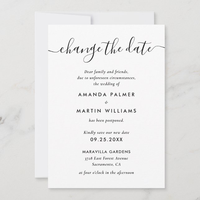 Anuncio Aplazamiento de Boda en Negro y Blanco Moderno (Anverso)