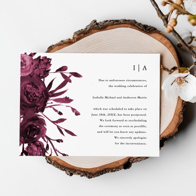 Anuncio Aplazamiento de boda floral borgoña chic (Subido por el creador)