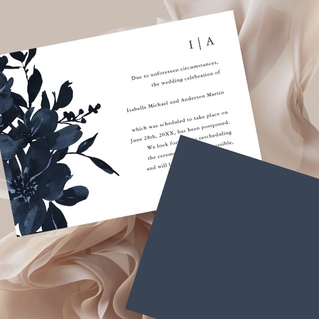 Anuncio Aplazamiento de boda floral índigo oscuro (Subido por el creador)