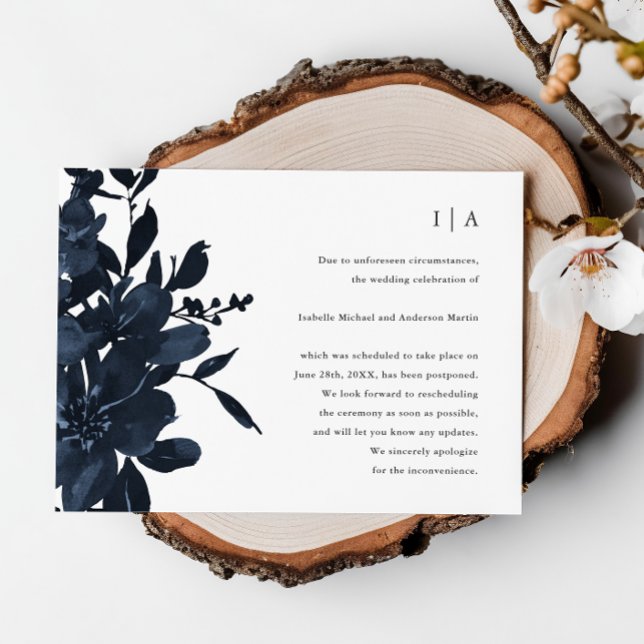 Anuncio Aplazamiento de boda floral índigo oscuro (Subido por el creador)