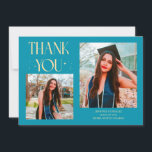 Anuncio Aqua Blue Graduate Thank You 2-Photo<br><div class="desc">Modern and whimsical graduation announcement photo card featuring 2 photos on the front and 1 on the back. The text says "THANK YOU" with twinkling stars. Add the graduate's name,  information,  and message to personalize this card. Aqua blue.</div>