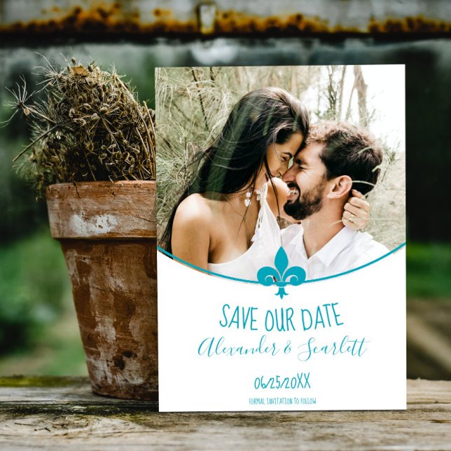 Anuncio Aquamarine Fleur de Lis Photo Save The Date (Aquamarine Fleur de Lis Photo Save the Date)