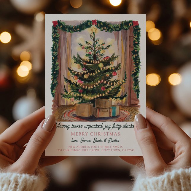 Anuncio Árbol de Navidad y cajas móviles vacaciones en mov (Vintage Christmas Tree Card .. Holiday Moving Announcements by Darling & May)