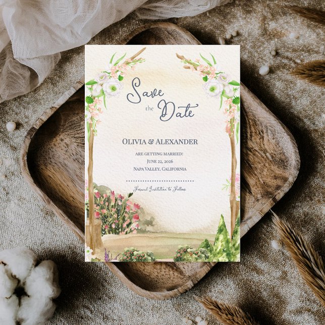 Anuncio Arco de jardín con acuarela para boda Save the Dat (Watercolor Garden Arch Save the Date Romantic Outdoor Wedding Announcement.)