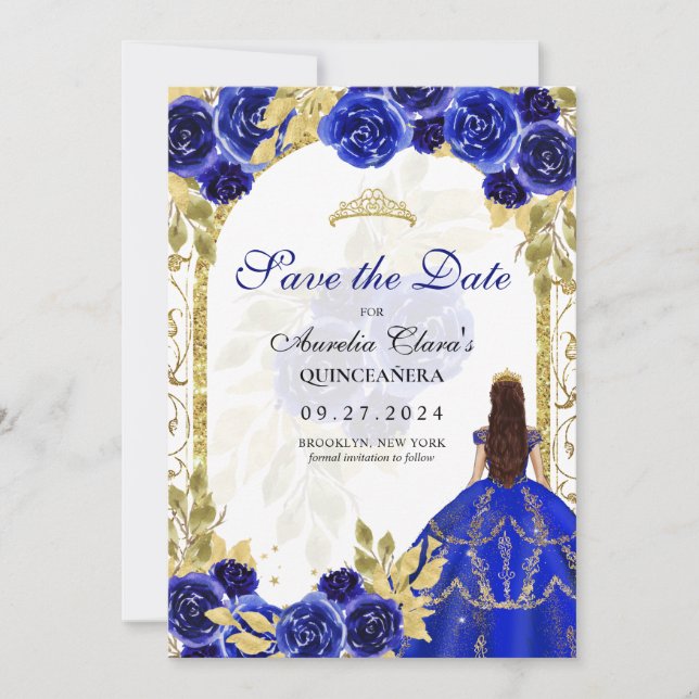 Anuncio Arco de oro Royal Blue Floral Princess Quinceanera (Anverso)