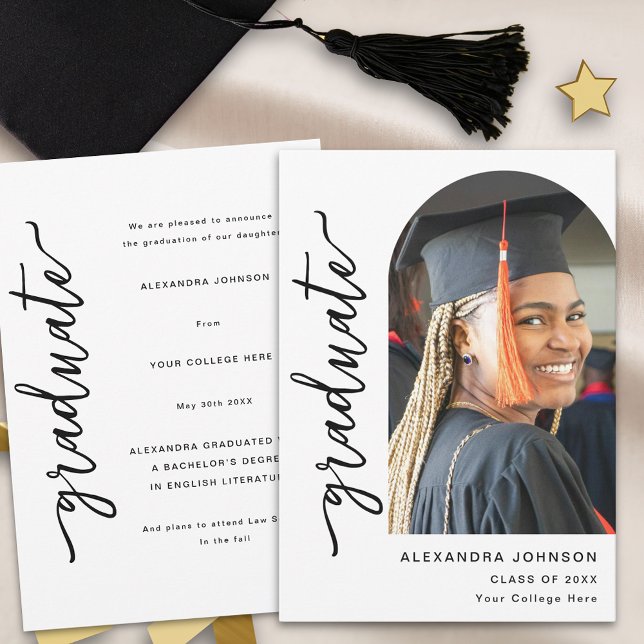 Anuncio Arco Elegante Moderno Foto (Modern elegant arch photo white and black script graduation announcement card)