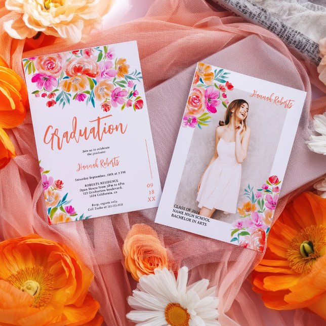 Anuncio Audaz foto Boho naranja graduación floral (Bold photo Boho orange floral graduation Announcement)