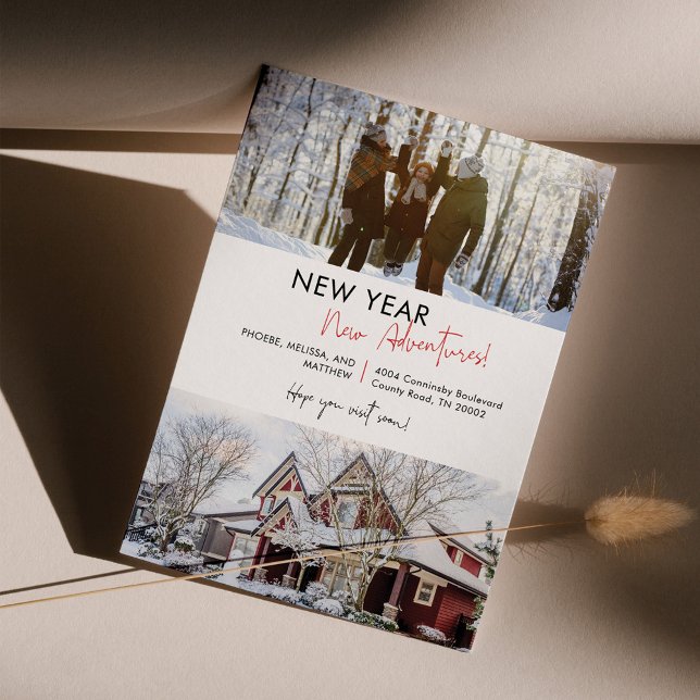 Anuncio Aventuras de Año Nuevo que hemos movido dirección (New Year New Home Moving Announcement Photo Card)