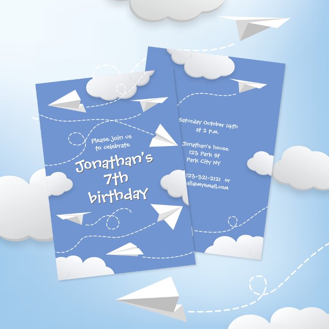 Anuncio aviones de papel plegado volando cualquier niño cu (front & back views - paper airplanes themed birthday party invite with your custom color background)