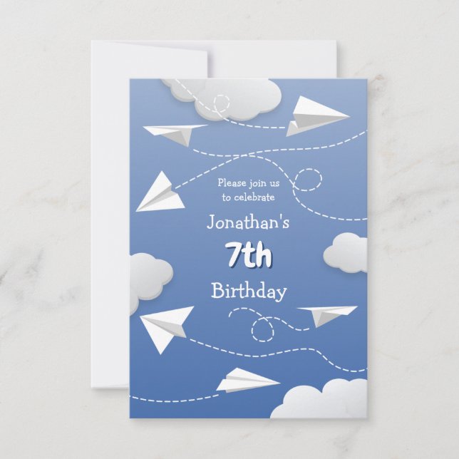 Anuncio aviones de papel plegado volando niños cumpleaños (Anverso)