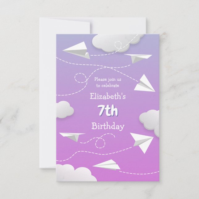 Anuncio aviones de papel volador de cumpleaños púrpura gir (Anverso)