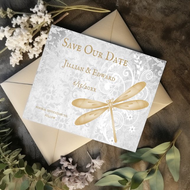 Anuncio Aviso de la libélula de oro salva la fecha (Gold Dragonfly Save the Date)
