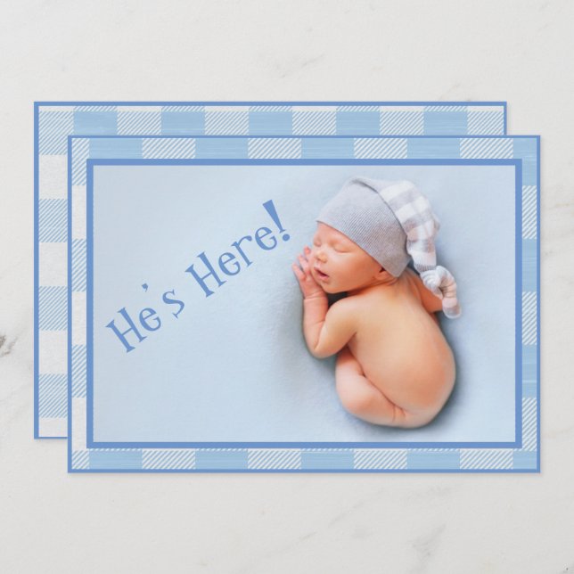 Anuncio Baby Boy Gingham Plaid Nacimiento moderno fotográf (Anverso / Reverso)