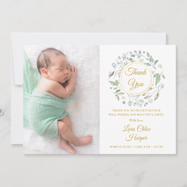 Anuncio Baby Photo Gold Gracias A Greenery Floral Birth (Anverso)
