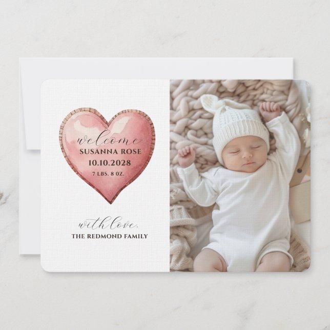 Anuncio Baby Photo Modern Heart Birth Announcement Card (Anverso)